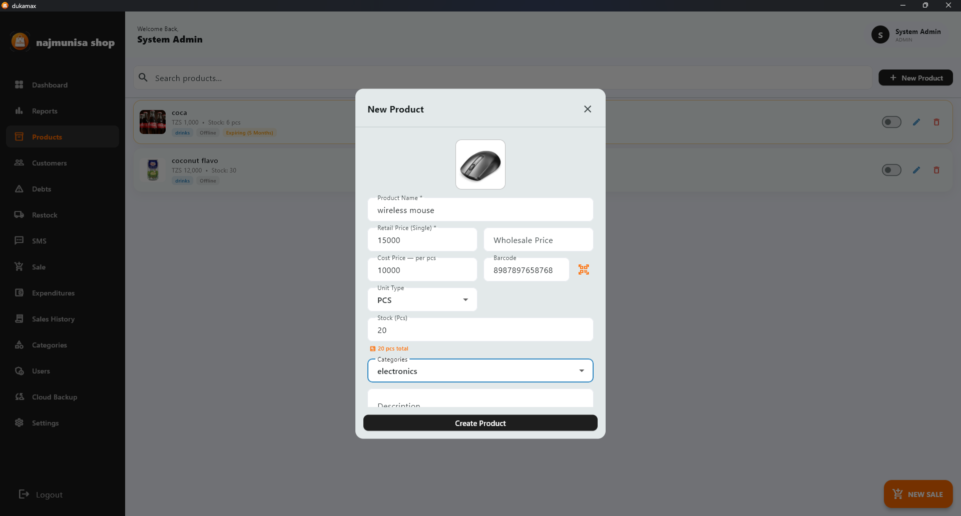 DukaMax POS add product form - Create new products with barcode, price, expiry date, and stock level