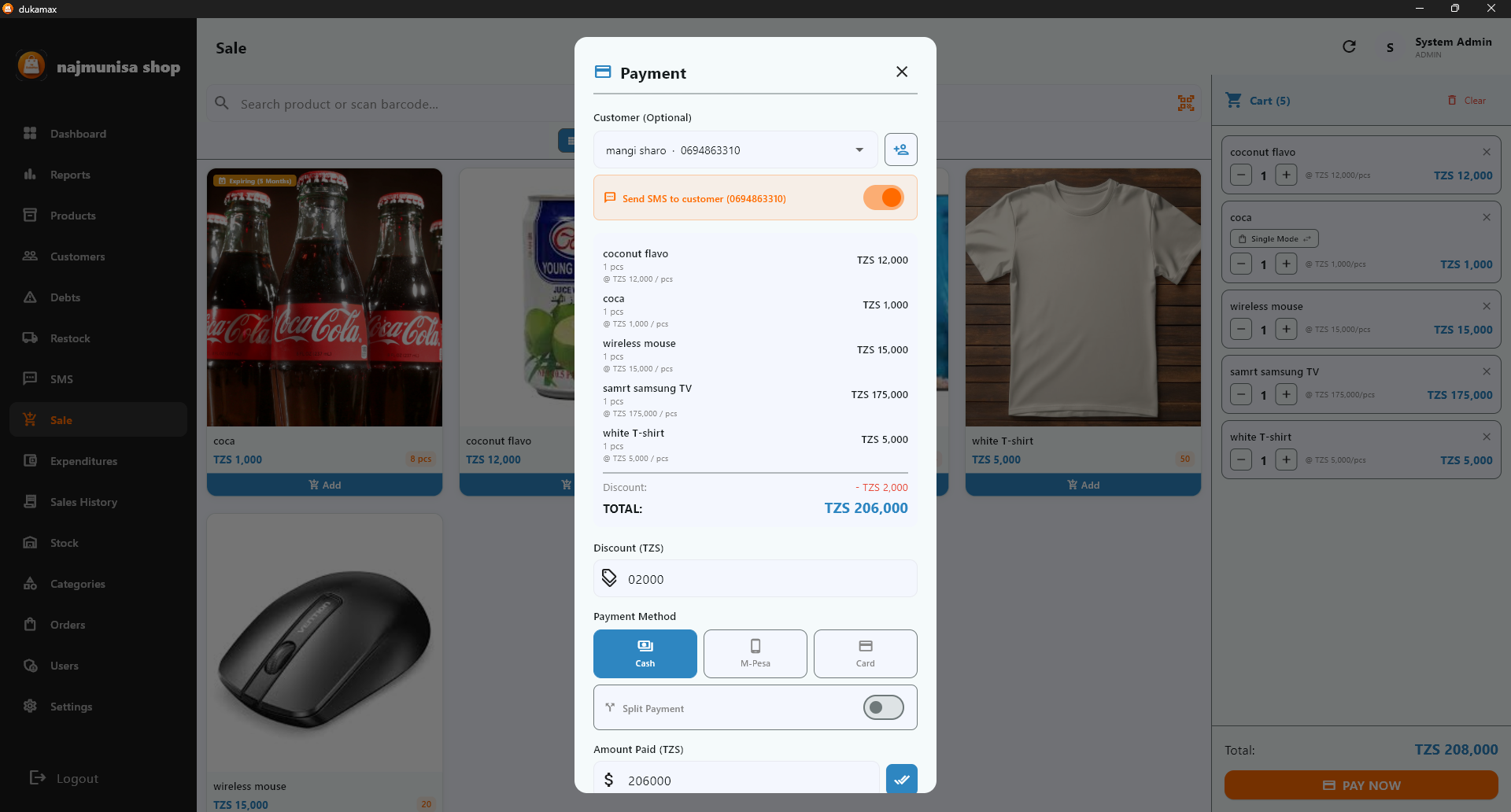 DukaMax POS payment screen - Multiple payment methods: Cash, M-Pesa, card, split payments