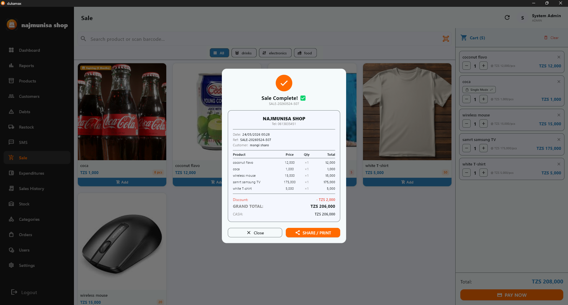 DukaMax POS receipt printing - Print or send sales receipts via SMS and WhatsApp