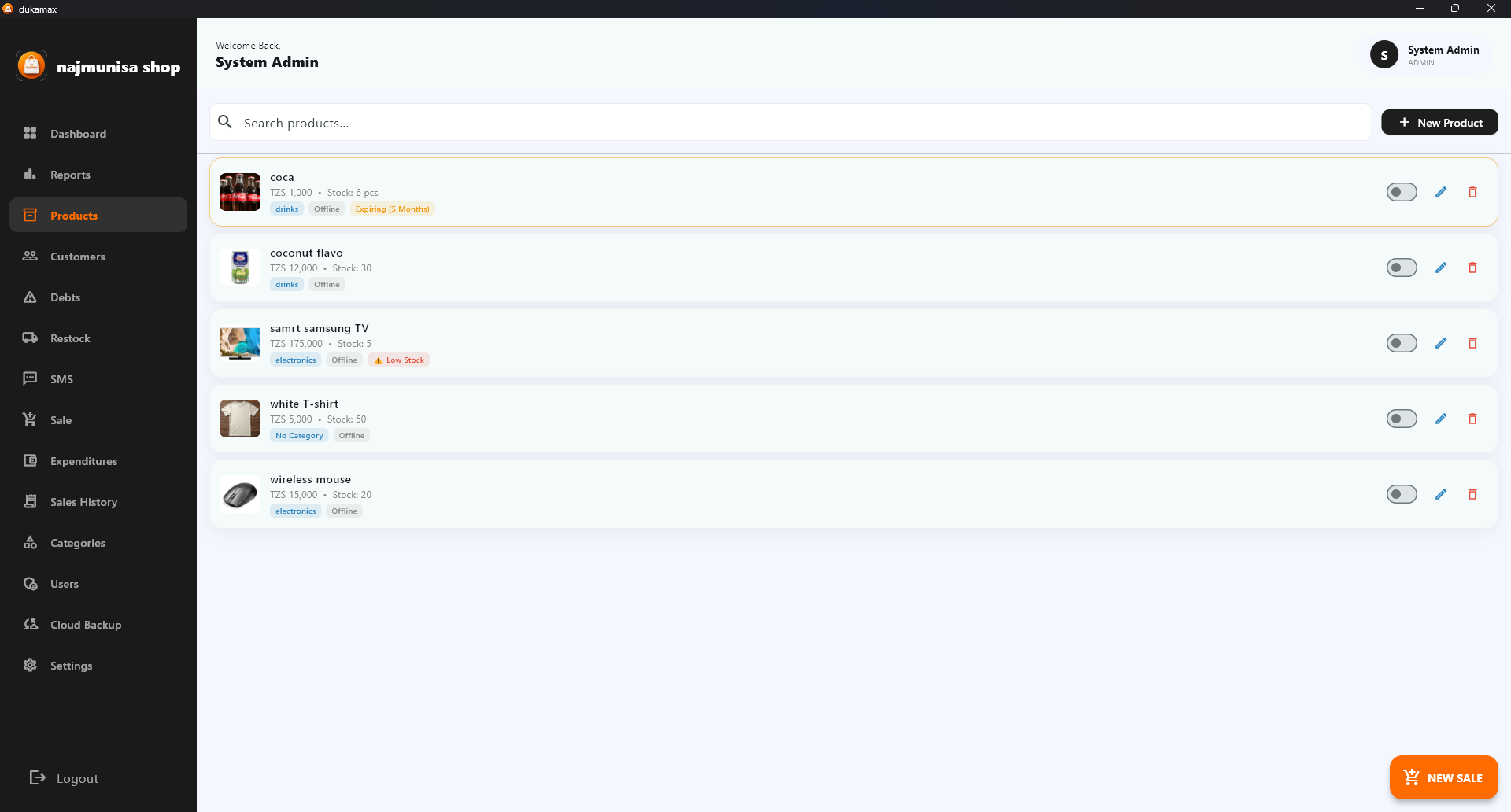 DukaMax POS product management - Add, edit, and organize products with pricing and stock levels