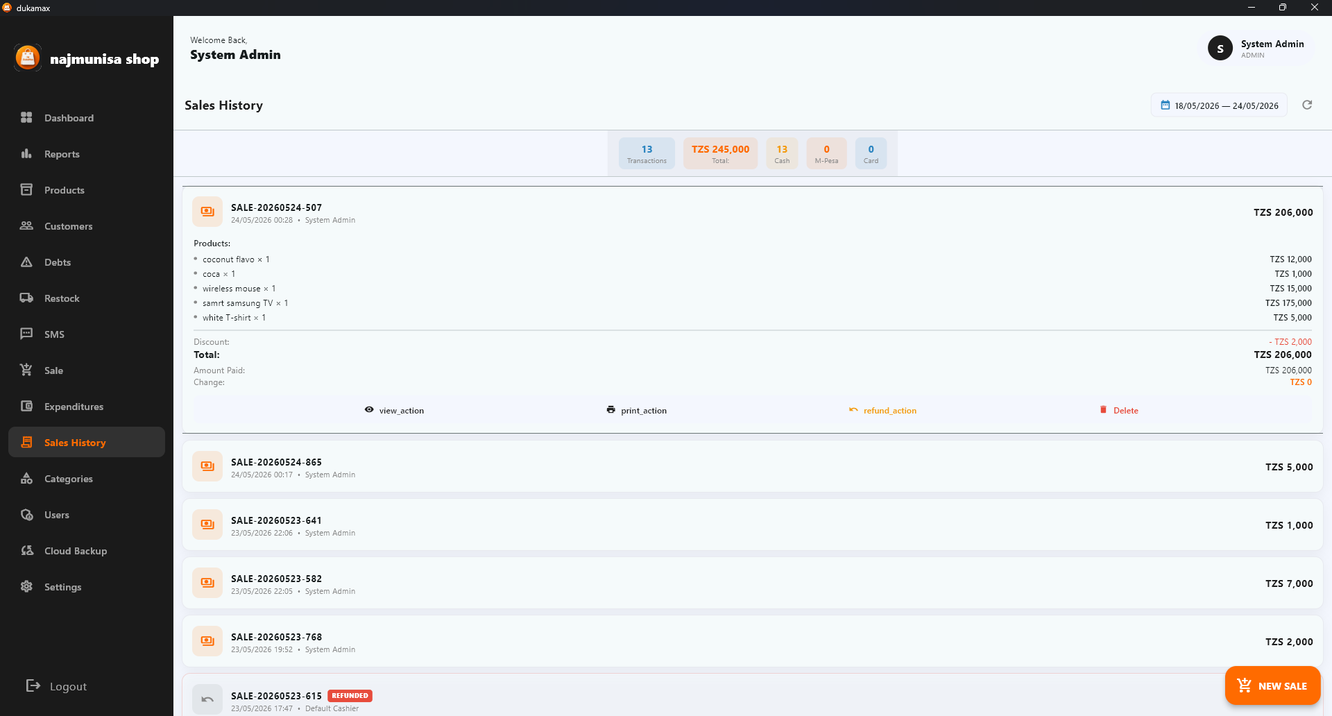 DukaMax POS sales history - View all completed transactions with details