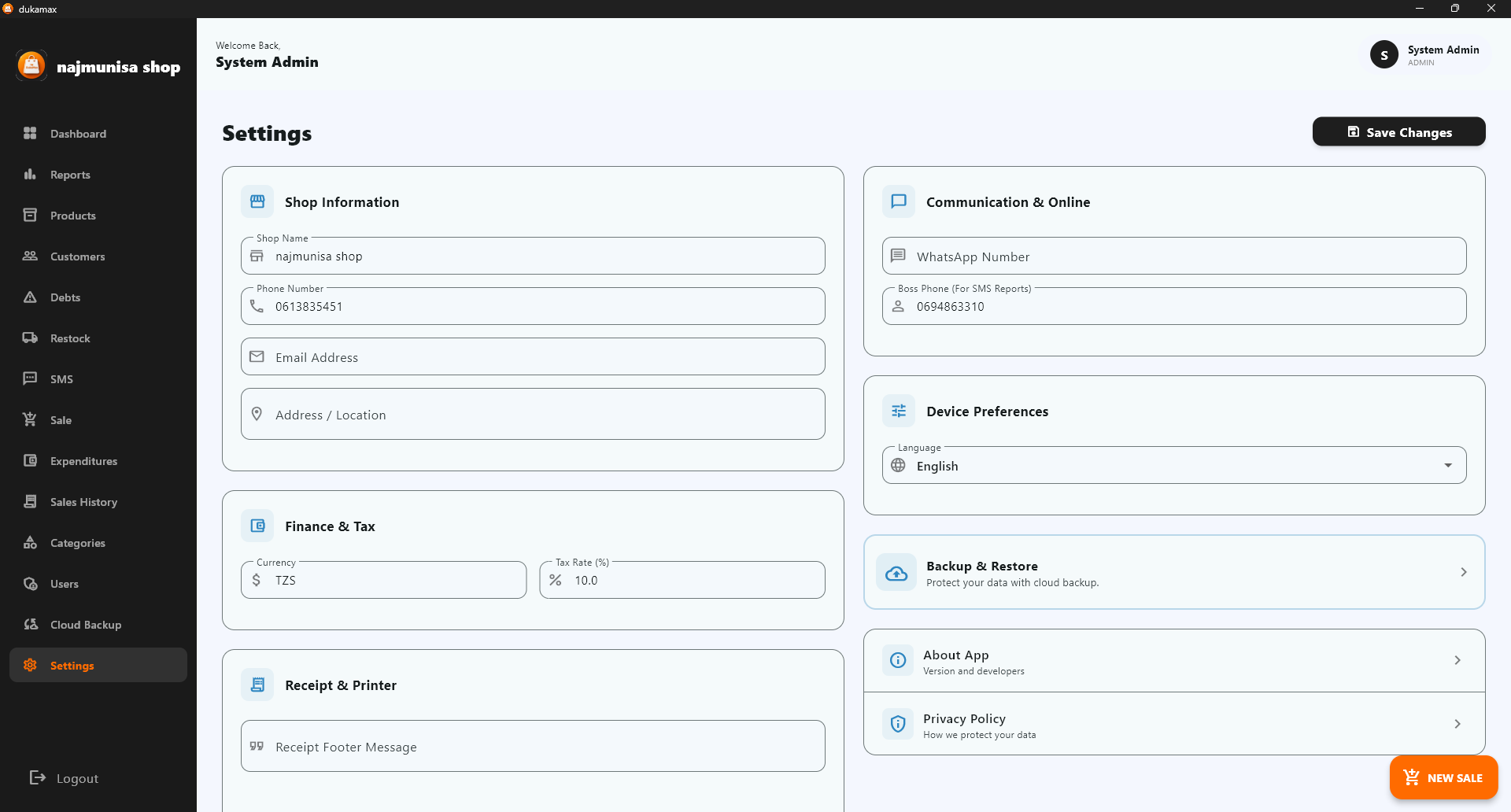 DukaMax POS settings page - Configure shop details, currency, language, and system preferences