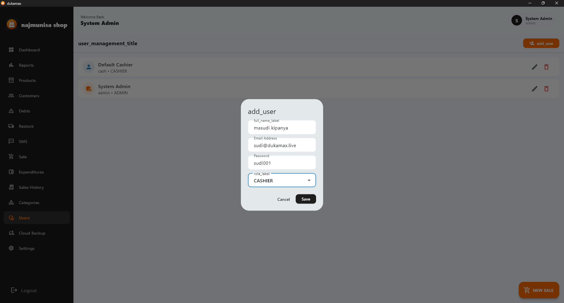 DukaMax POS user management - Create and manage admin and cashier accounts with different permission levels